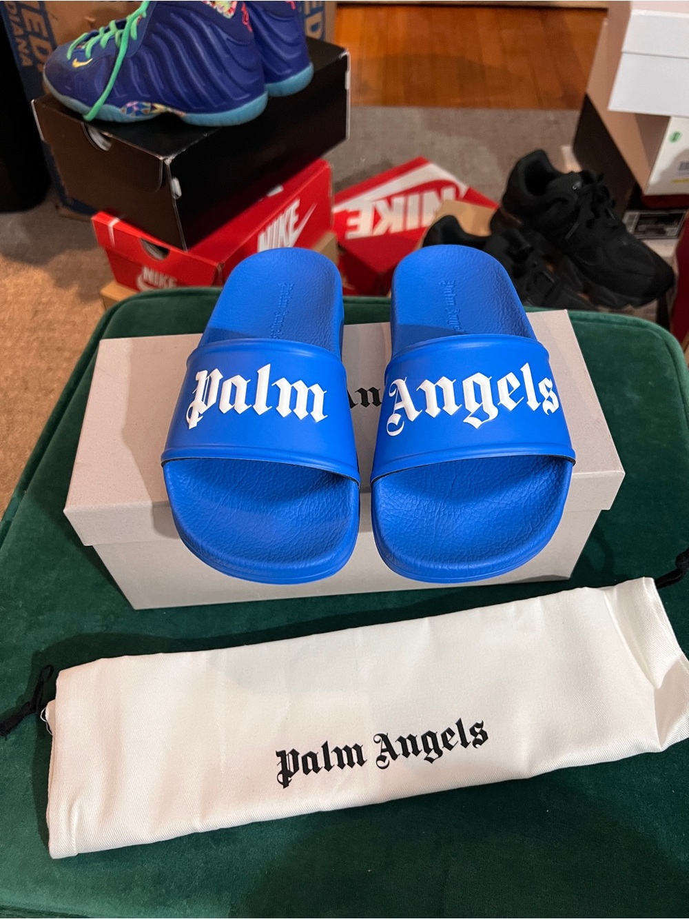 Palm Angels Kids Royal Blue Slide Sandals with White Logo